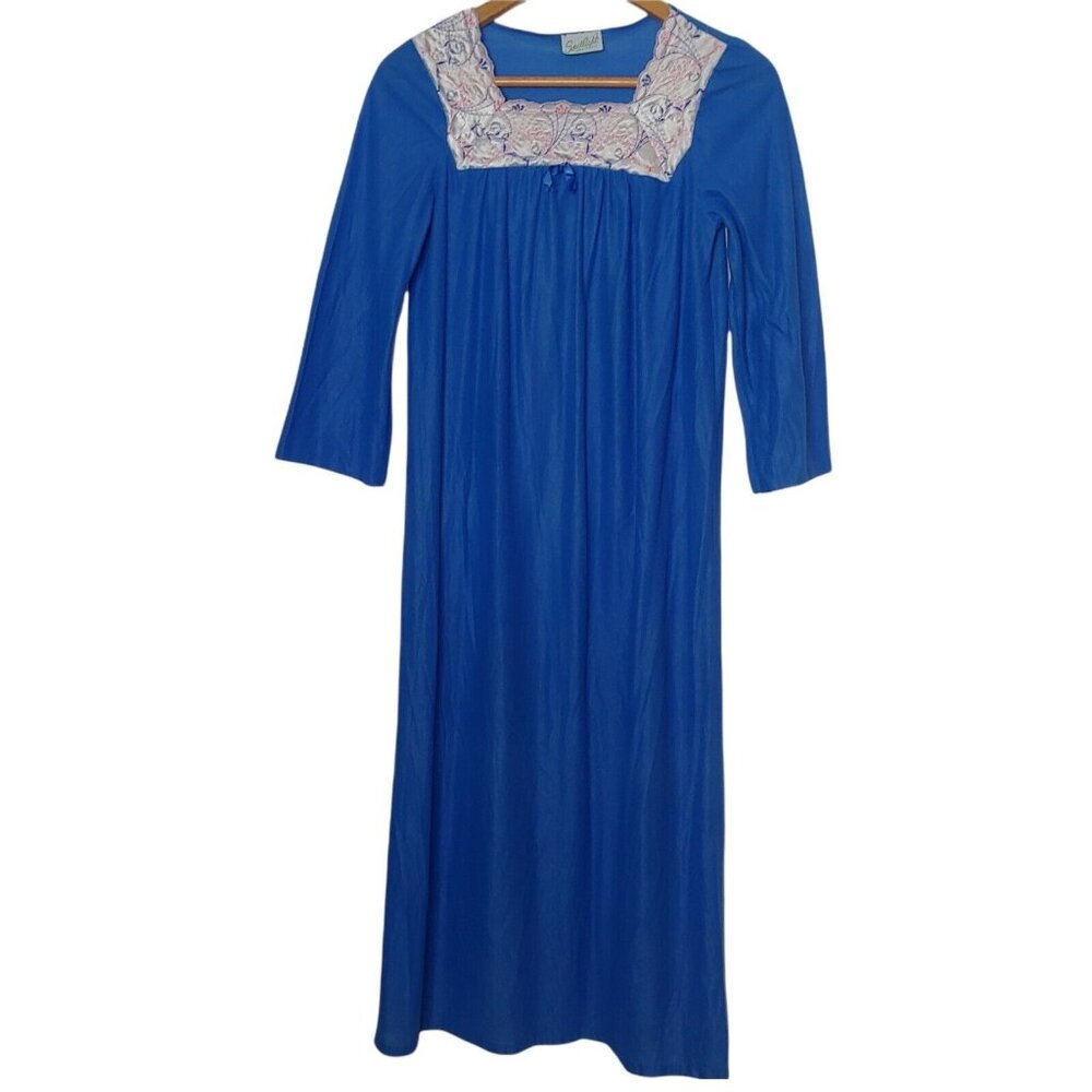 Vintage Spotlight Womens Small Nightgown Long Sleeve Maxi Blue Acetate Modest